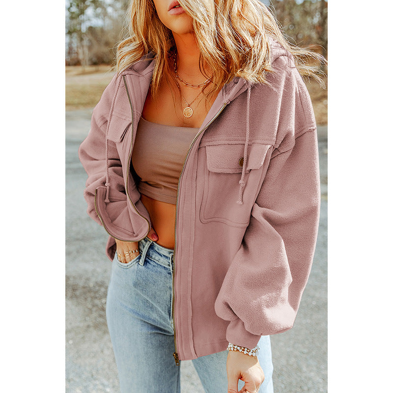Early Autumn Solid Color Loose Zip Jacket Women Casual Pocket Drawstring Long Sleeve Coat Women