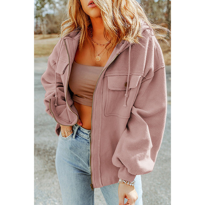 Early Autumn Solid Color Loose Zip Jacket Women Casual Pocket Drawstring Long Sleeve Coat Women