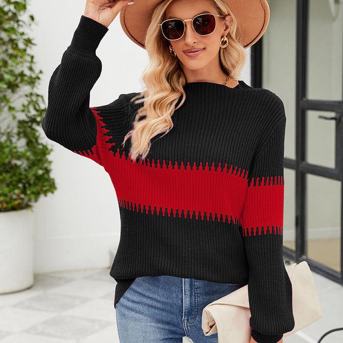 Color Contrast Patchwork Mock Neck Sweater Women Autumn Winter Lazy Wind Loose Pullover