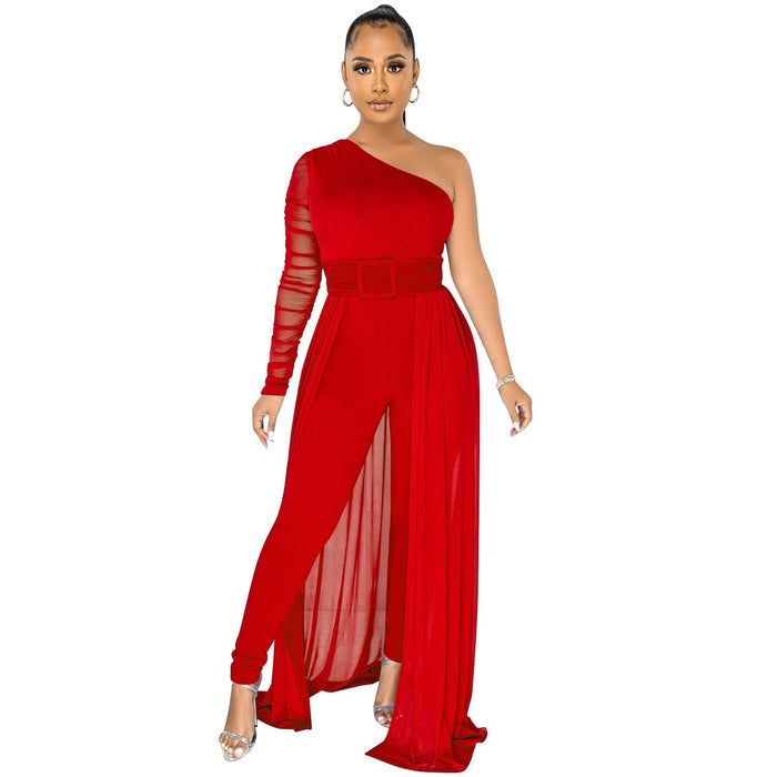 Solid Color Sexy Mesh See-through One Shoulder Diagonal Collar Long Sleeve Trousers Jumpsuit Women