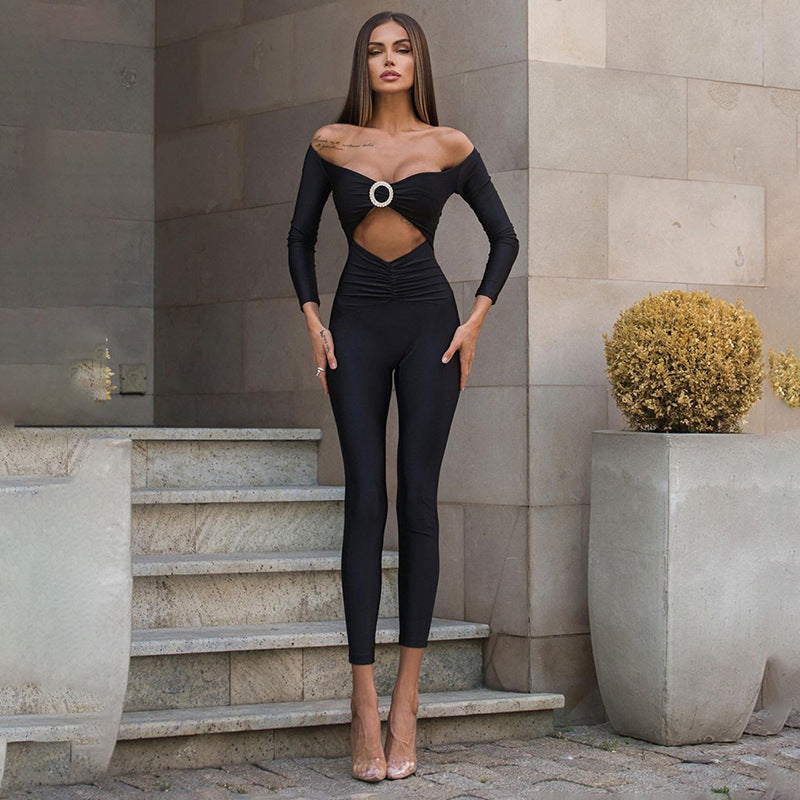 Women Clothing Long Sleeve off Shoulder Hollow Out Cutout Slim Fit Sexy Jumpsuit