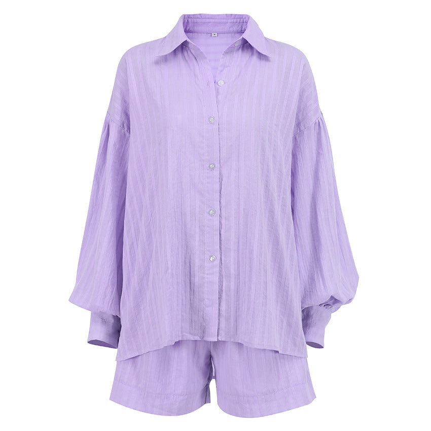 Summer Women Clothing Shirt Jacquard Striped Puff Sleeve Shorts Office Design Casual Set