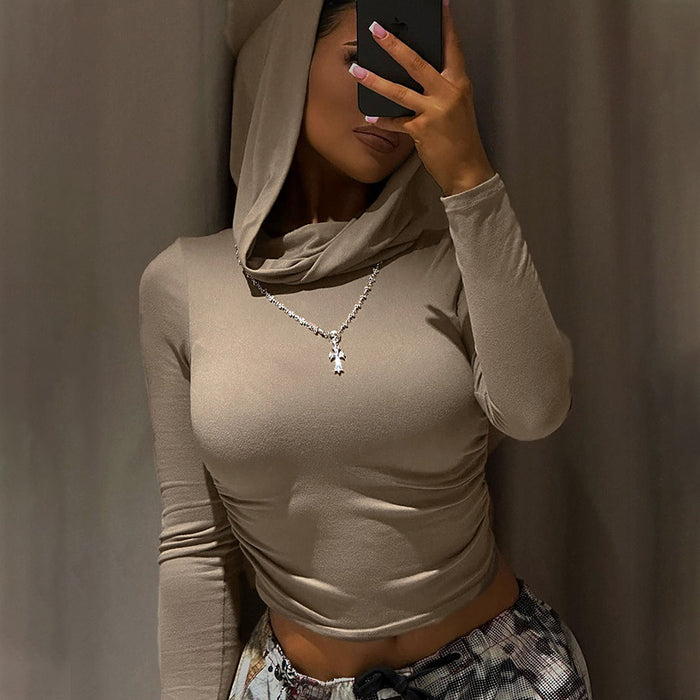 Women Wear Dune Hooded Top Autumn Winter Casual Solid Color Long Sleeve Pleated Cropped T shirt