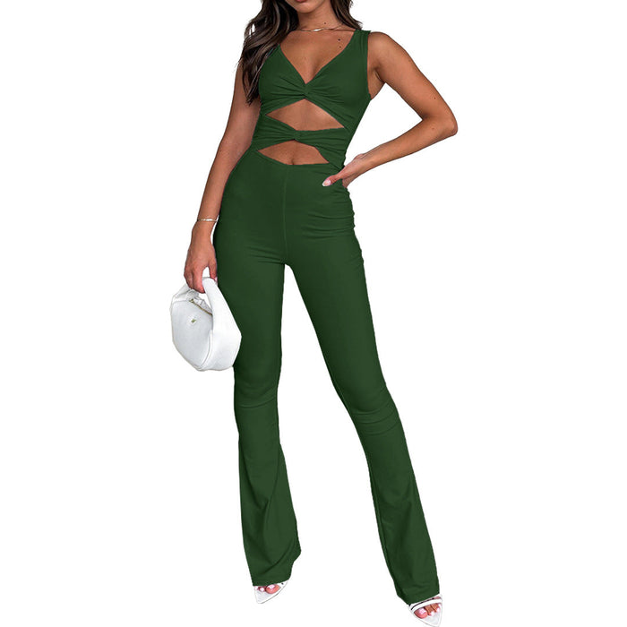 Women Clothing Solid Color Slimming Hollow Out Cutout Twist One Piece Bell Bottom Pants Jumpsuits