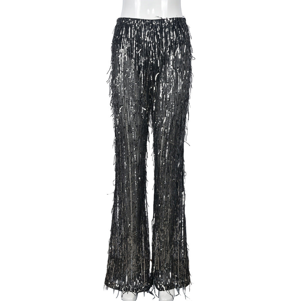 Personalized Sequin Tassel Sexy Mesh Hollow Out Cutout See through Flared Pants