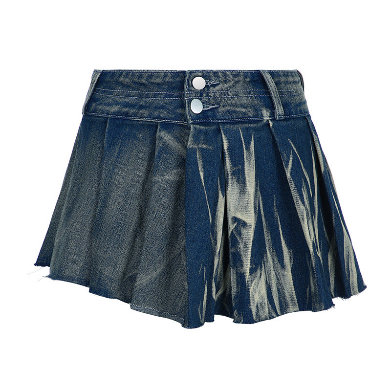 Street Women Clothing Washed Do the Old Cowboy Miniskirt Sexy Low Waist Two Button Frayed Pleated Skirt