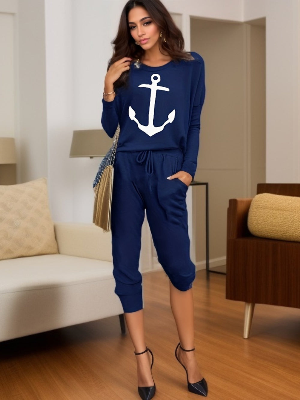 Women Clothing Loose Boat Anchor Printed Long-Sleeved Casual Suit