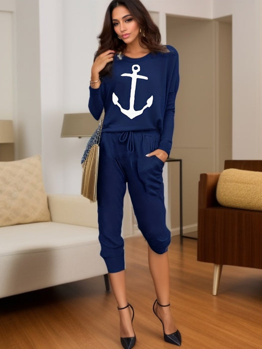 Women Clothing Loose Boat Anchor Printed Long-Sleeved Casual Suit