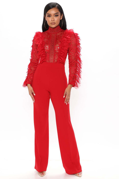 Women Clothing Autumn Winter Lace Tassel Trousers See Through Sexy Jumpsuit