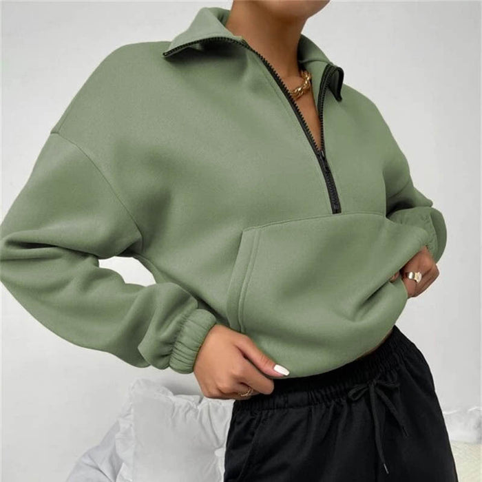 Autumn Women Clothing Loose Zip Collar Long Sleeve Sweatshirt Tops