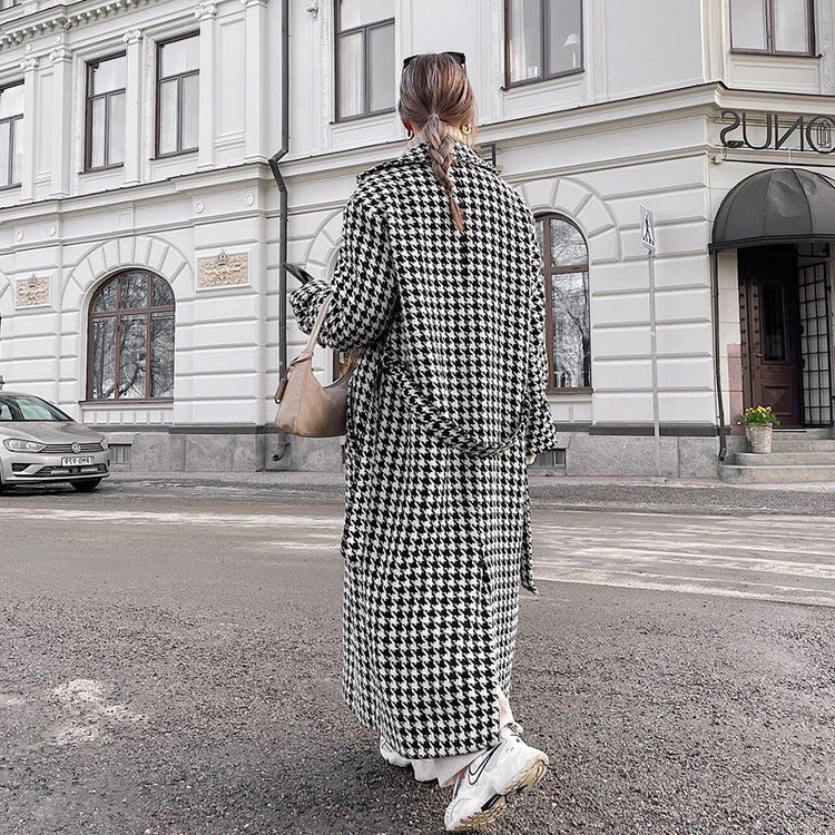 Women Clothing Autumn Winter Houndstooth Long Trench Coat High End Fashionable Coat Black White Young Coat for Women