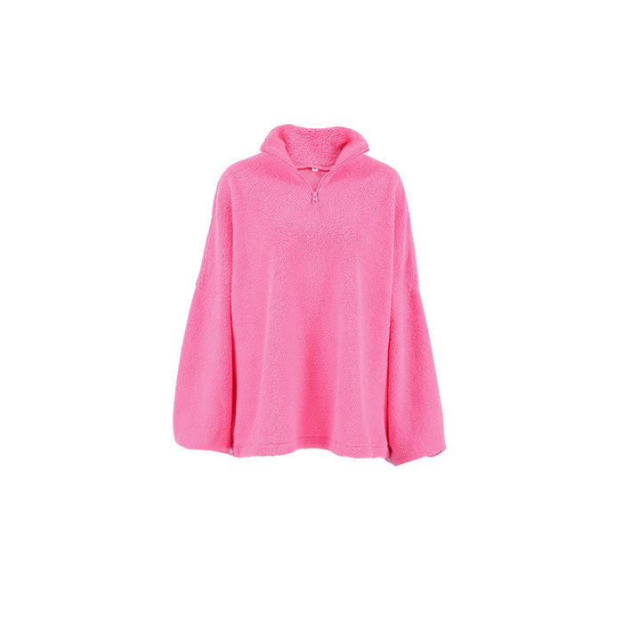 Casual Pink Lambswool Loose Stand Collar Long Sleeve Sweater All Matching Autumn Winter Women Clothing