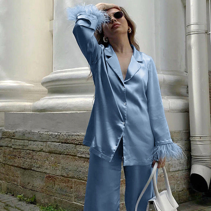 Autumn Feather Pajamas Long Sleeve Trousers Suit Loose Artificial Silk Outerwear Ladie Homewear