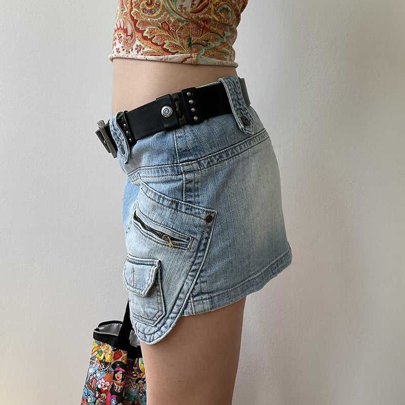 Retro Distressed Denim Skirt Sexy Low Waist Skirt Irregular Asymmetric Zipper Splicing Package Hip Skirt