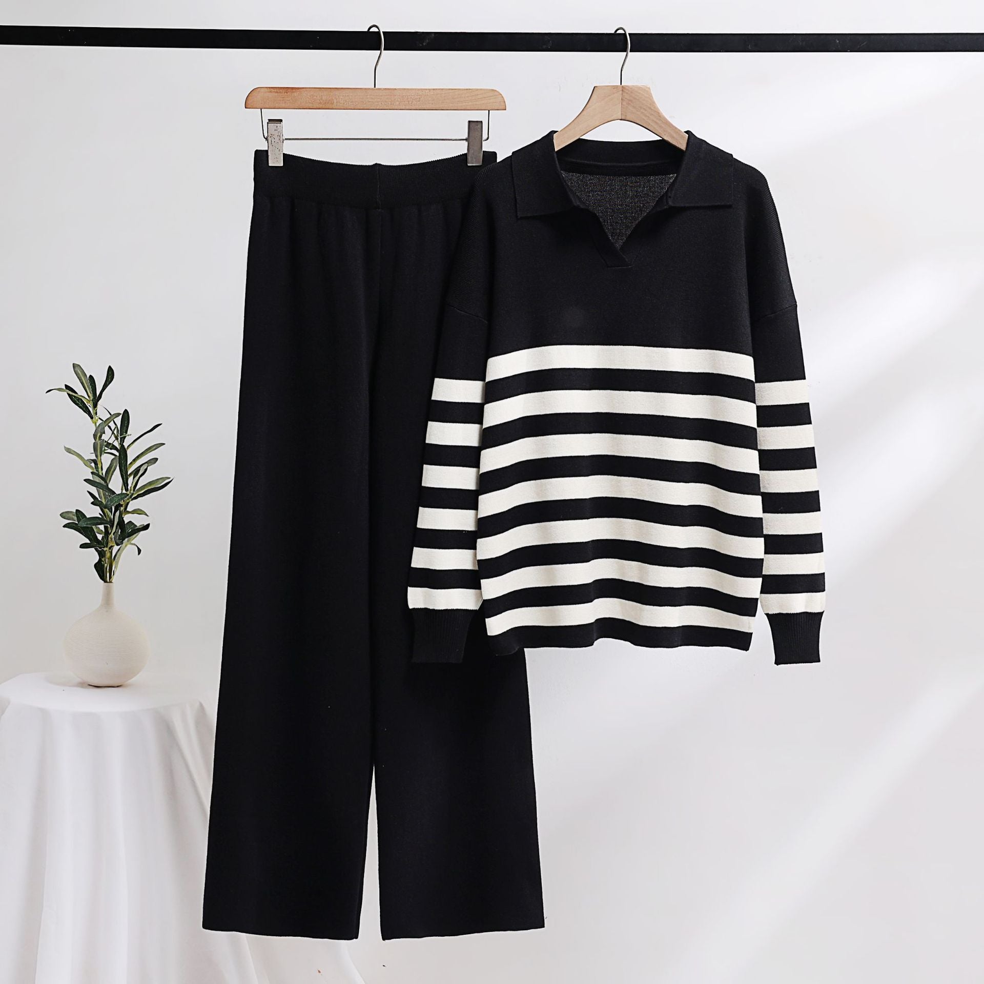 Knitting Suit Polo Collar Striped Sweater Loose Casual Two Piece Set Women Clothing