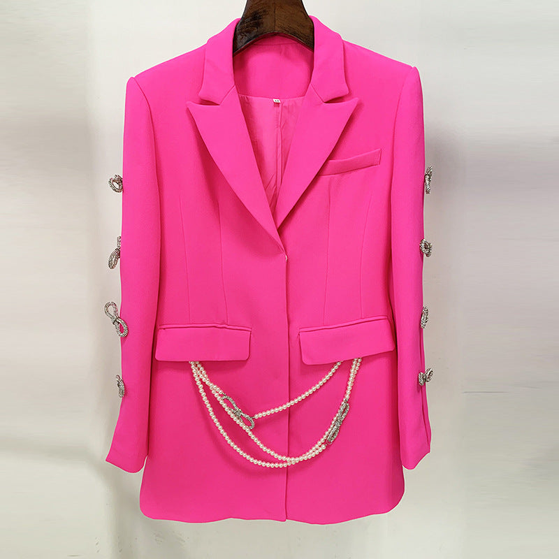 Dyed Fabric Dignified Sense of Design Sleeve Hollow Out Cutout Jeweled Bow Pearl Blazer Dress