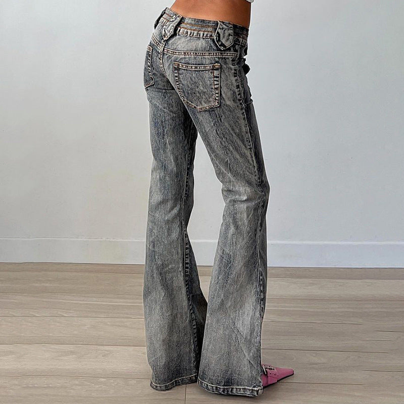 Women Streetwear Slim Wash Pocket Stitching Bootcut Pants Vintage Smoky Gray Jeans