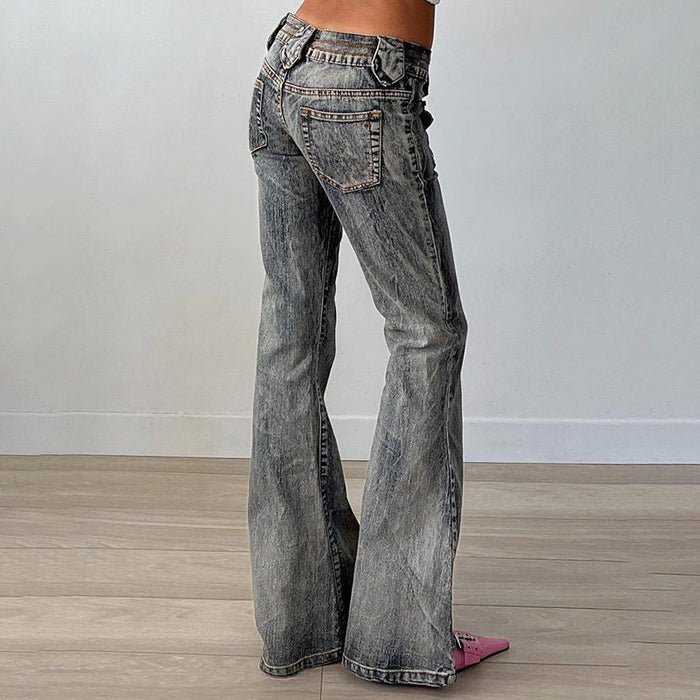 Women Streetwear Slim Wash Pocket Stitching Bootcut Pants Vintage Smoky Gray Jeans