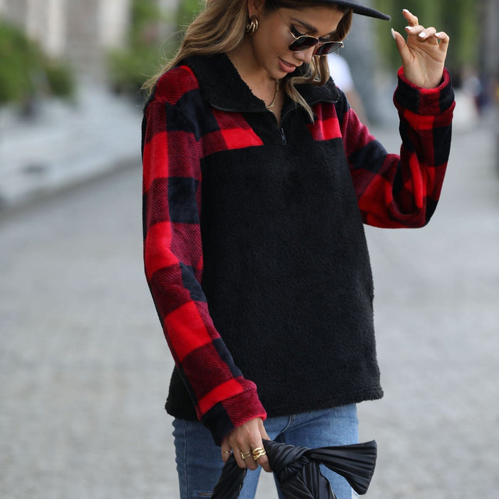 Autumn Plush Women Clothing Half Long Sleeve Zipper Stand Collar Stitching Double Sided Flannel Plaid Pullover Sweater