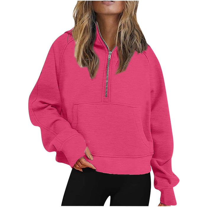 Autumn Winter Women Scuba Sports Half Zipper Yoga Clothes Loose Short Hood Fleece Lined Sweater Sweater