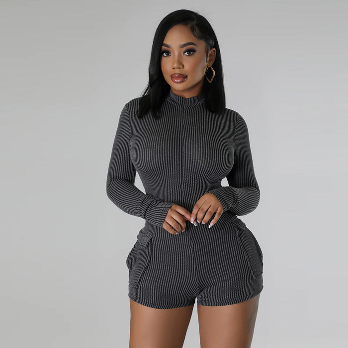 V neck Pocket Long Sleeve Sexy Zipper Stretch Shorts Jumpsuit