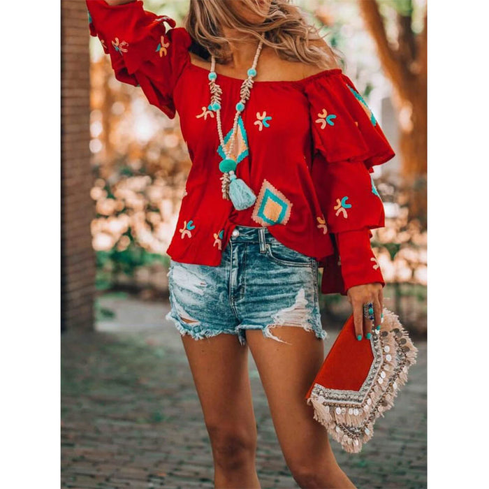 Women Clothing Bohemian Long Sleeved Shirt Women Autumn Red Casual Women Top