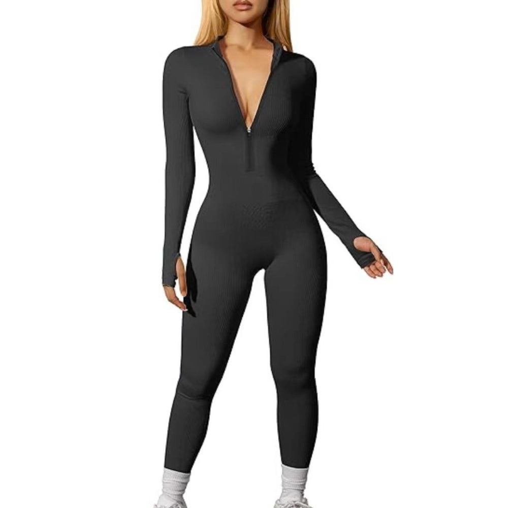 Women Sports Jumpsuit Workout Ribbed Long Sleeve Zipper Casual Jumpsuit Trousers Tight