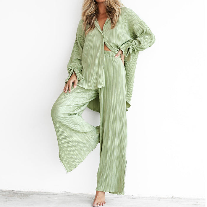 Women Spring Summer Set Pleated Shirt Long Sleeve Collared Cardigan Split Trousers Pajamas Two Piece