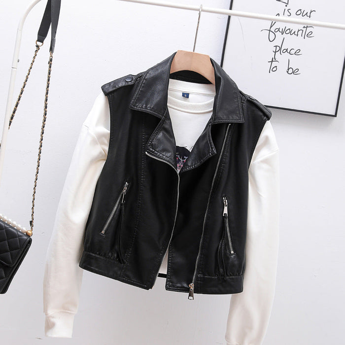 Collared Motorcycle Faux Leather Washed Leather Vest Women Spring Autumn Vest Cardigan Sleeveless Tank Top