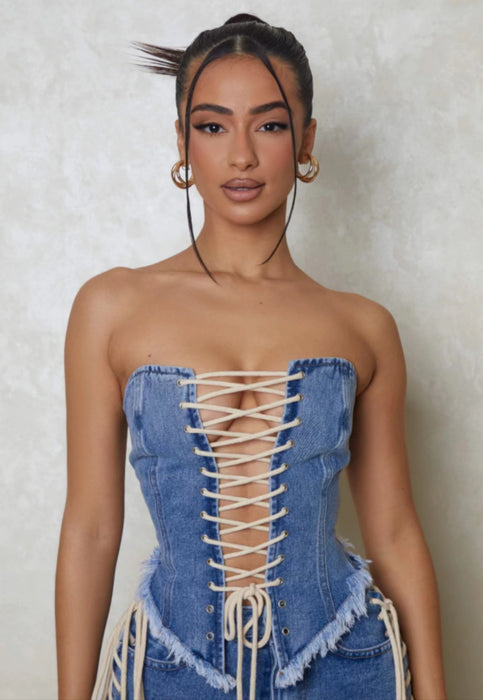 Spring Summer Popular Retro Cross Strap Adjustable Washed Denim Tube Top