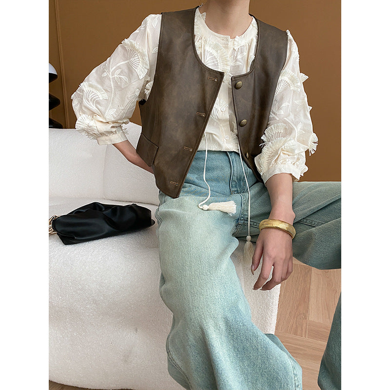 Chinese Fan-Shaped Zen Three Dimensional Embroidered Crew Neck Tassel Shirt Early Spring
