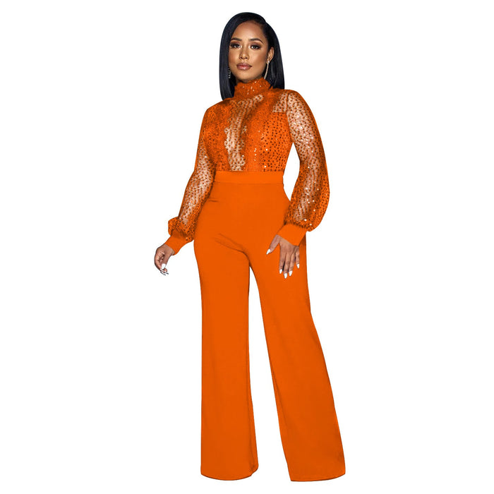 Women Wear Hollow Out Cutout out See through Long Sleeved Trousers Lace up Jumpsuit