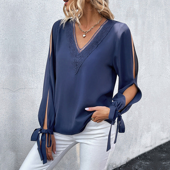 Autumn Long Sleeved Shirt Solid Color Hollow Out Cutout Shirt Women