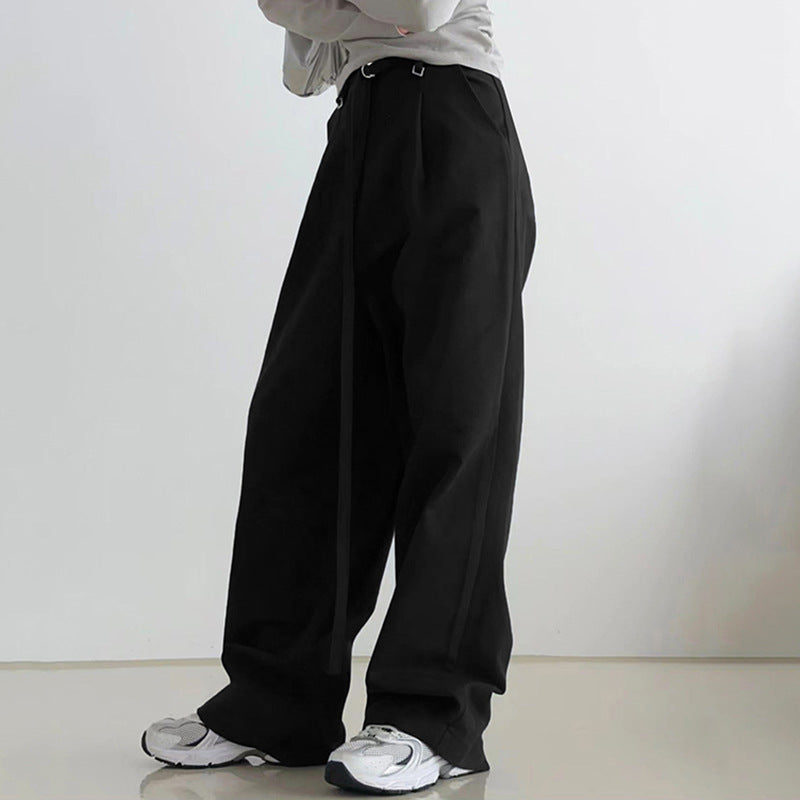 Ribbon High Waist Wide Leg Work Pant Early Autumn Loose Straight Mop Solid Color Women Casual Pants