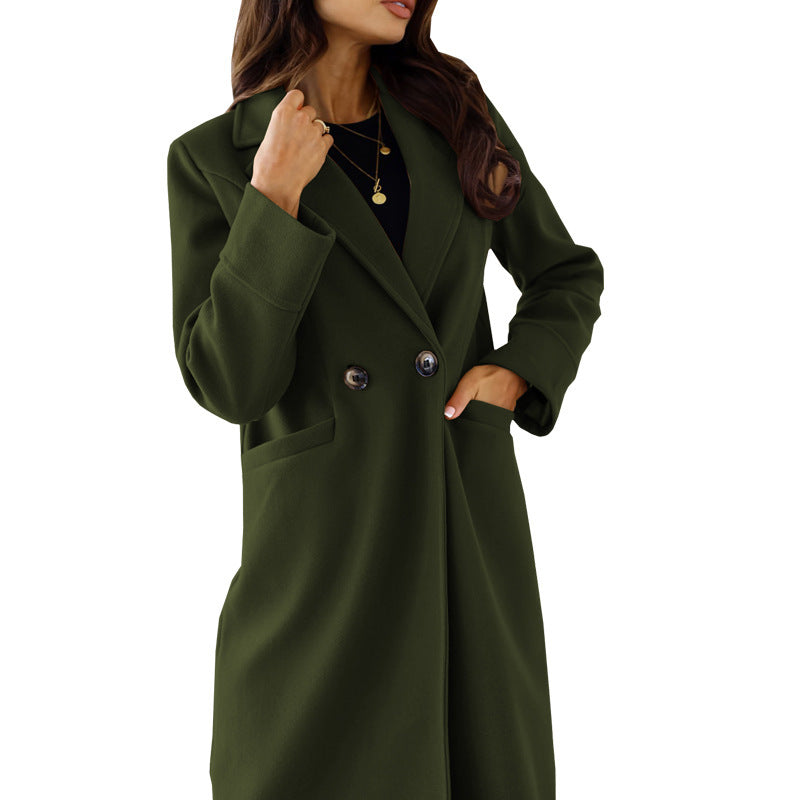 Autumn Winter Women Clothing Simple Solid Color Double Breasted Long Sleeve Collared Button Woolen Coat