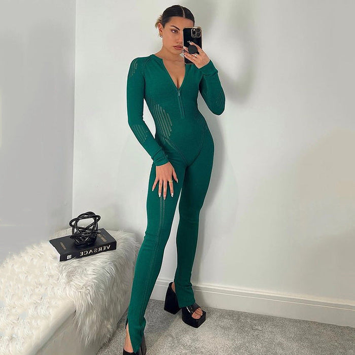 Popular Sexy Tight Sweater Trousers Fashionable All Match Striped Knitted Long Sleeve Jumpsuit Women