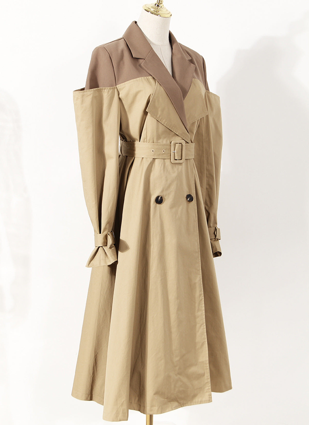 Two Color Knot Collar Trench Coat Women  Mid Length Knee Autumn Design Waist Trimming Coat