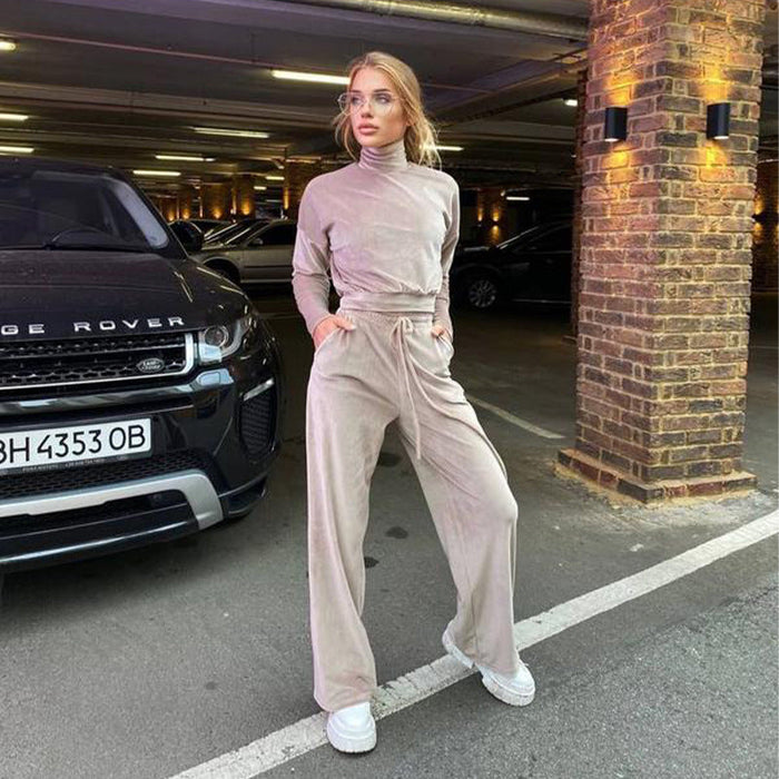 Autumn Winter Casual Set Solid Color Silver Fox Velvet Turtleneck Long Sleeve Top Drawstring Trousers