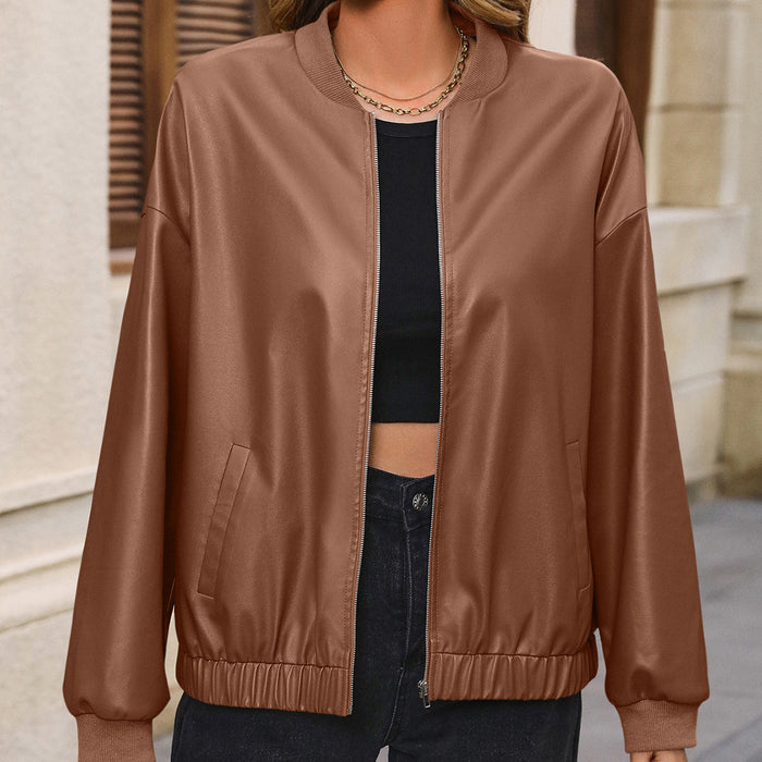 Casual Short Long Sleeve Faux Leather Motorcycle Leather Jacket Coat Top Women