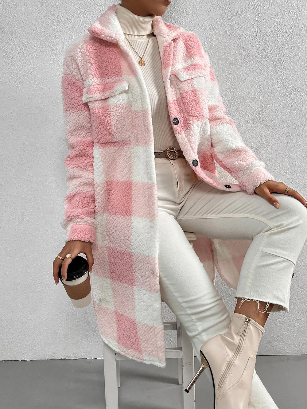 Autumn Winter Open Buckle Collared Plush Plaid Coat Loose Office Long Cut Coat Women