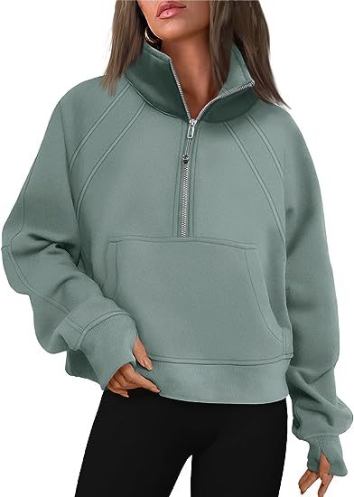 Women Clothing Half Zipper Short Stand Collar Thumb Hole Brushed Hoody