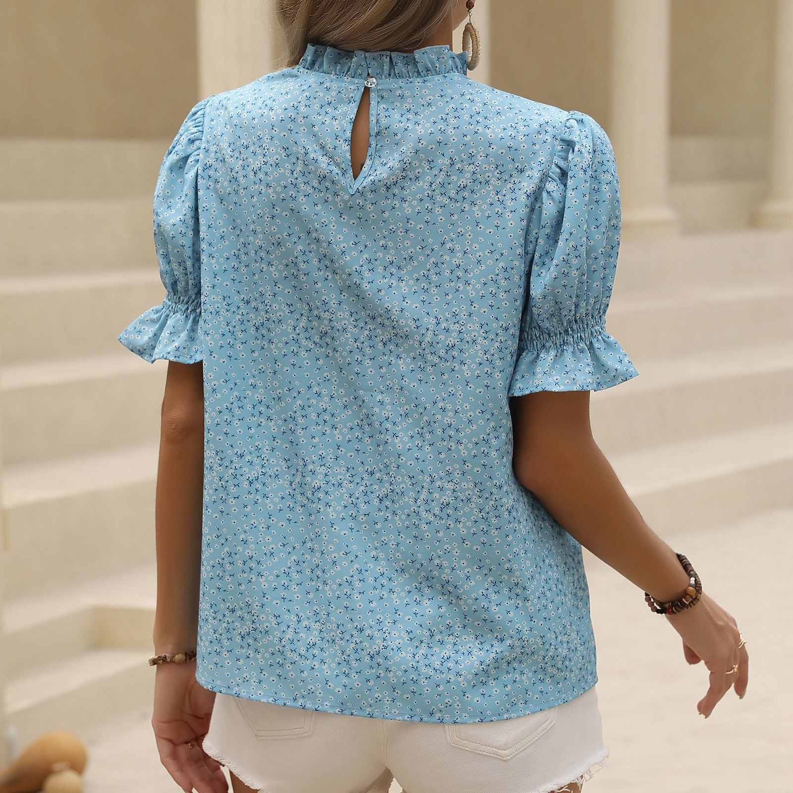 Women Clothing Stand Collar Bubble Top Elegant Printed Shirt