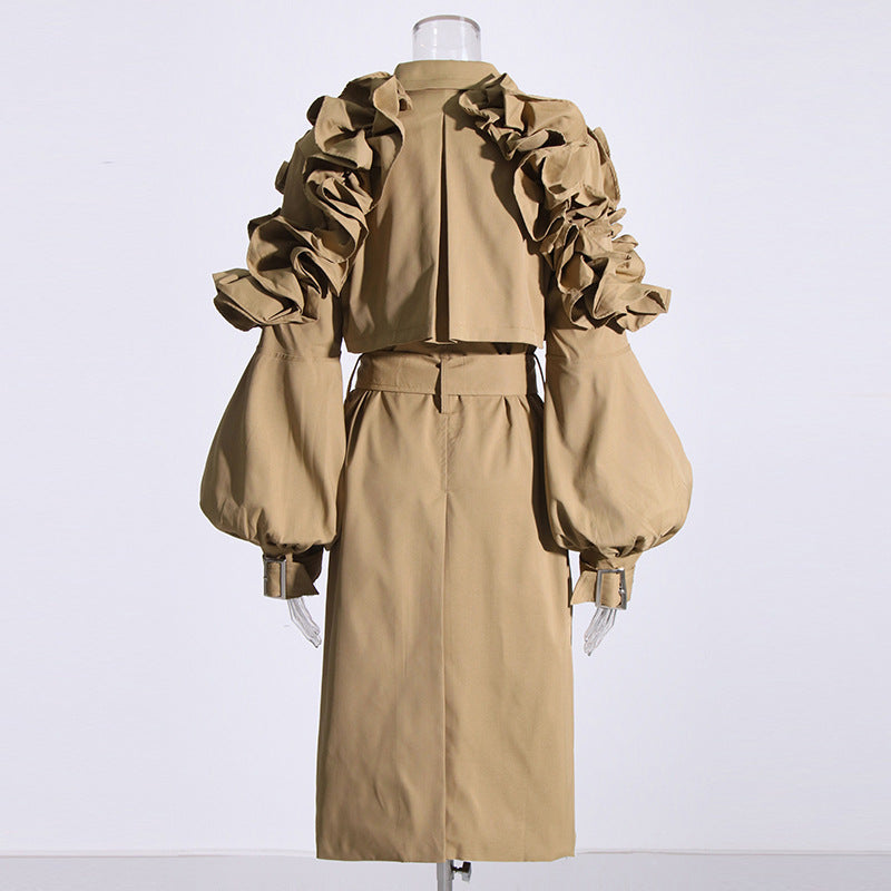 Office Mid Length Trench Coat Collared Long Sleeve Ruffled Slim Fit Patchwork Thin over the Knee Coat Women