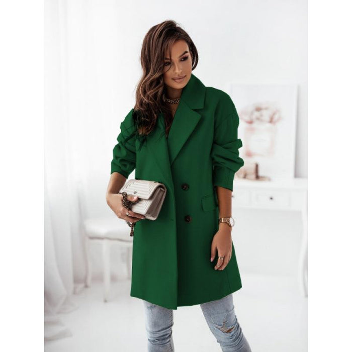 Popular Autumn Winter Long Sleeve Set Collar Double Breasted Woolen Coat Women