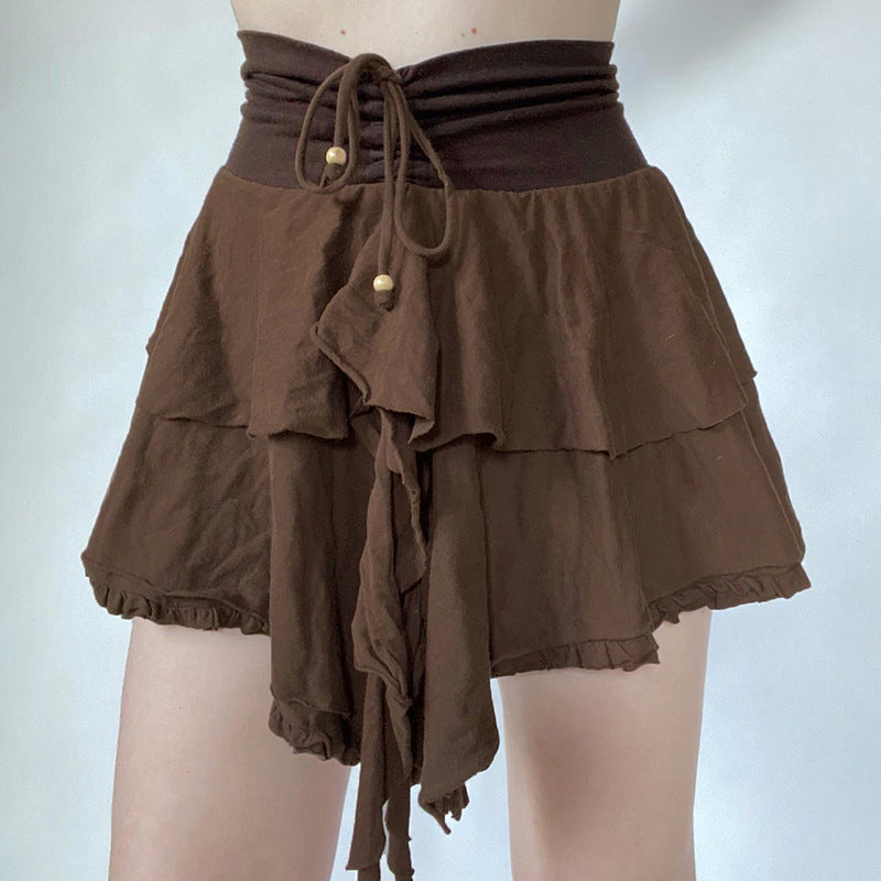 Retro Sweet Irregular Asymmetric Double Layer Ruffled Skirt Cinched Drawstring Lace-up Solid Color Short Skirt