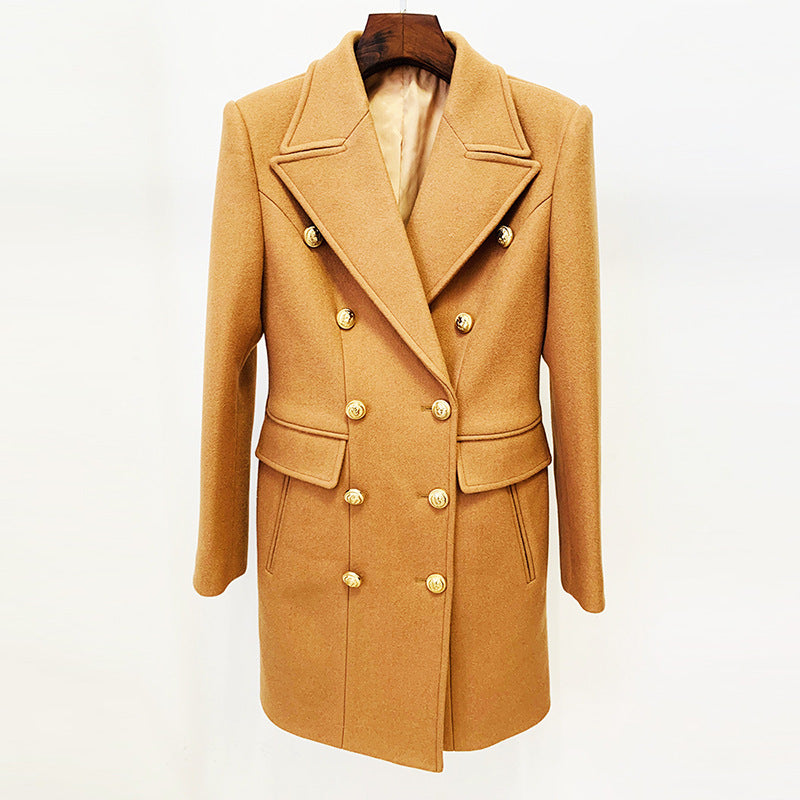 Autumn Winter Double Breasted Metal Lion Buckle Slim Fit Long Woolen Coat Coat