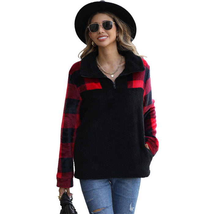 Autumn Plush Women Clothing Half Long Sleeve Zipper Stand Collar Stitching Double Sided Flannel Plaid Pullover Sweater