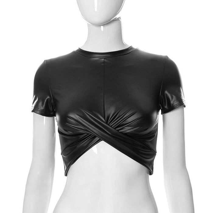 Summer round Neck Short Sleeve Wrapped Chest Exposed cropped Short All-Match Street Faux Leather Top for Women Women Clothing