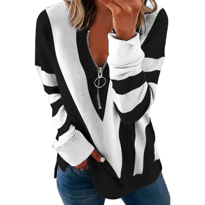 Autumn Winter Printed Long Sleeve V neck Zipper Casual Loose Sweater Women