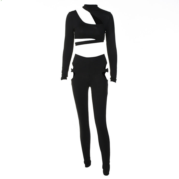 Winter Sexy Hollow Out Cutout Long Sleeves Cropped Two-Piece Set Casual Set Women